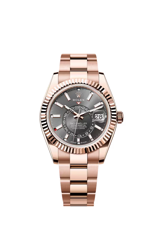 Pre-owned Rolex Sky-Dweller Rose Gold Oyster 42MM Rhodium Dial