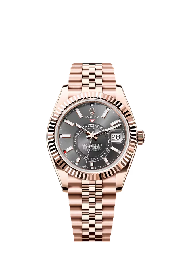 Pre-owned Rolex Sky-Dweller Rose Gold Jubilee 42MM Rhodium Dial